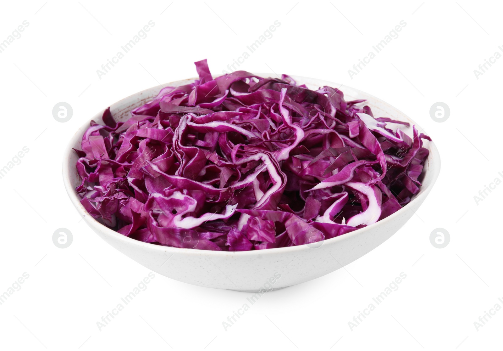 Photo of Bowl with shredded red cabbage isolated on white