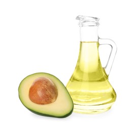 Photo of Cooking oil and half of fresh avocado isolated on white