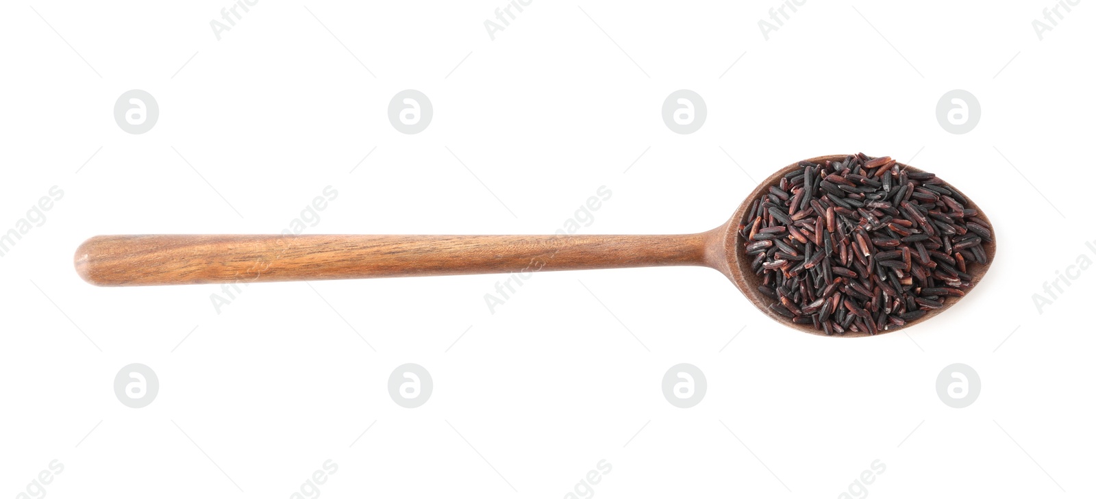 Photo of Brown rice in spoon isolated on white, top view