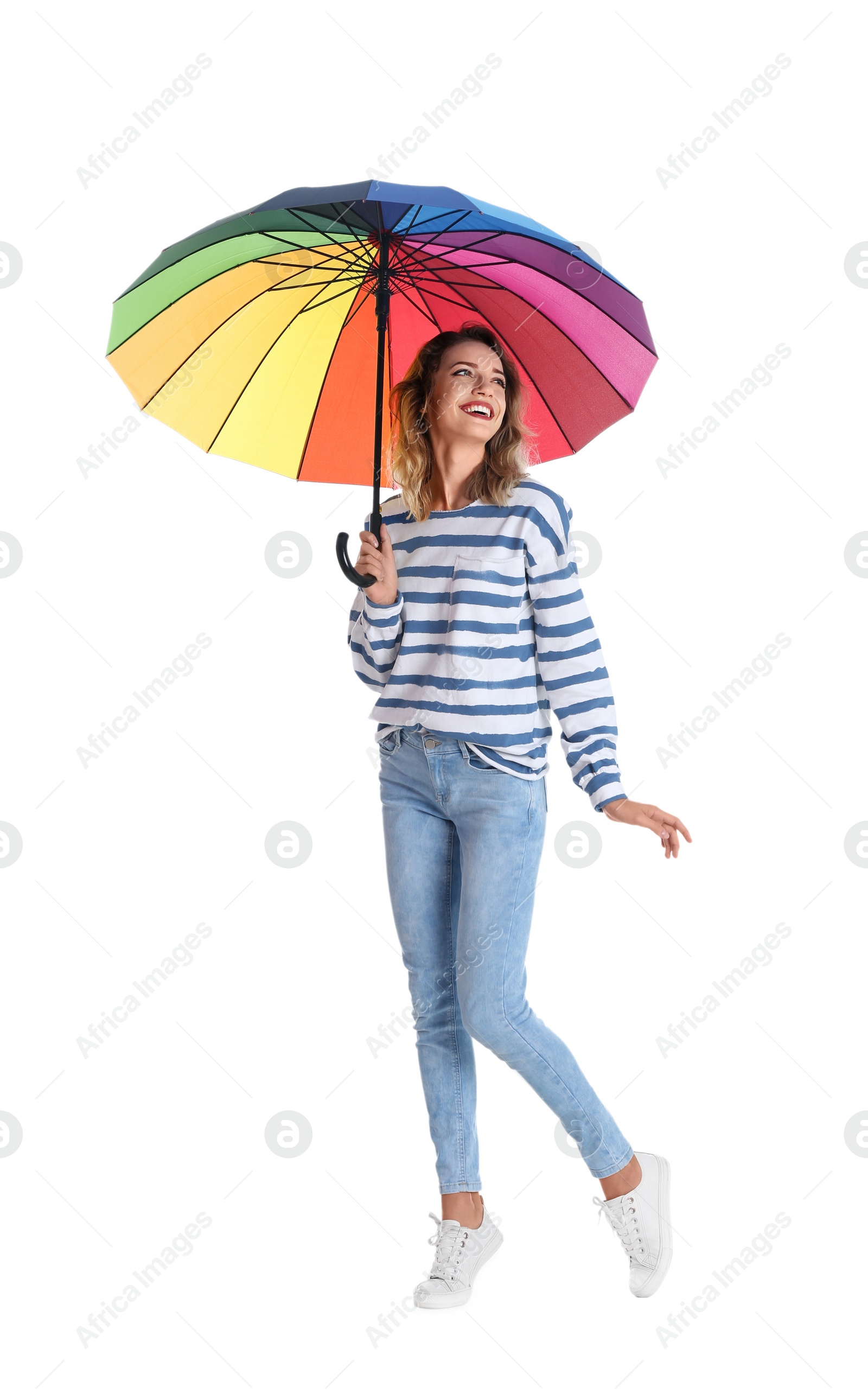 Photo of Woman with rainbow umbrella on white background