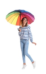 Photo of Woman with rainbow umbrella on white background