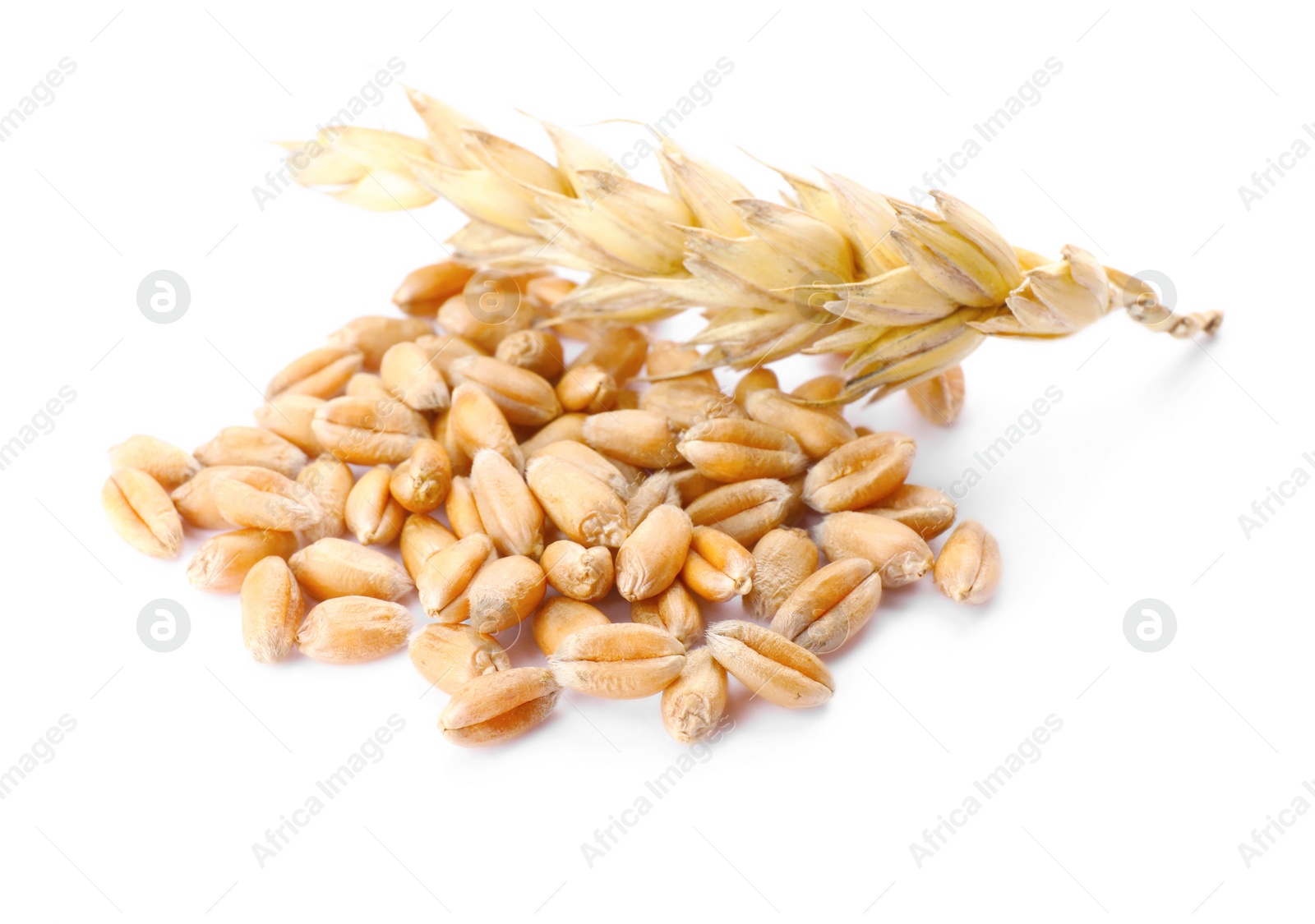 Photo of Pile of wheat grains and spike on white background