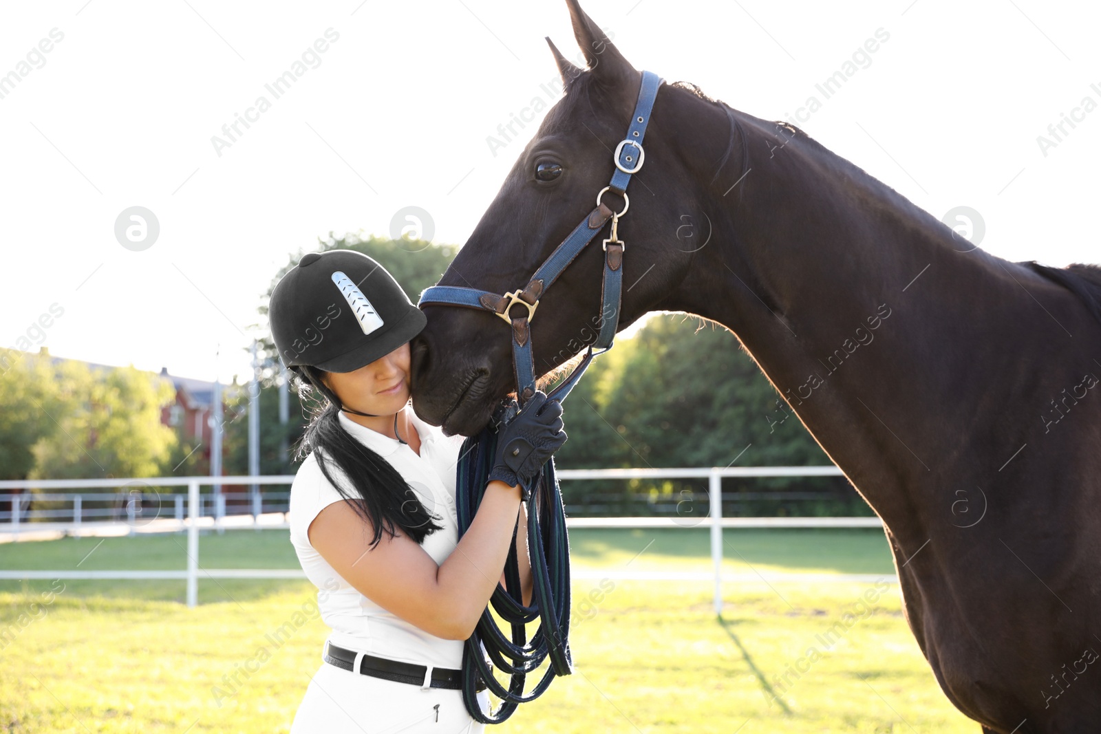 Photo of Young woman in horse riding suit and her beautiful pet outdoors on sunny day