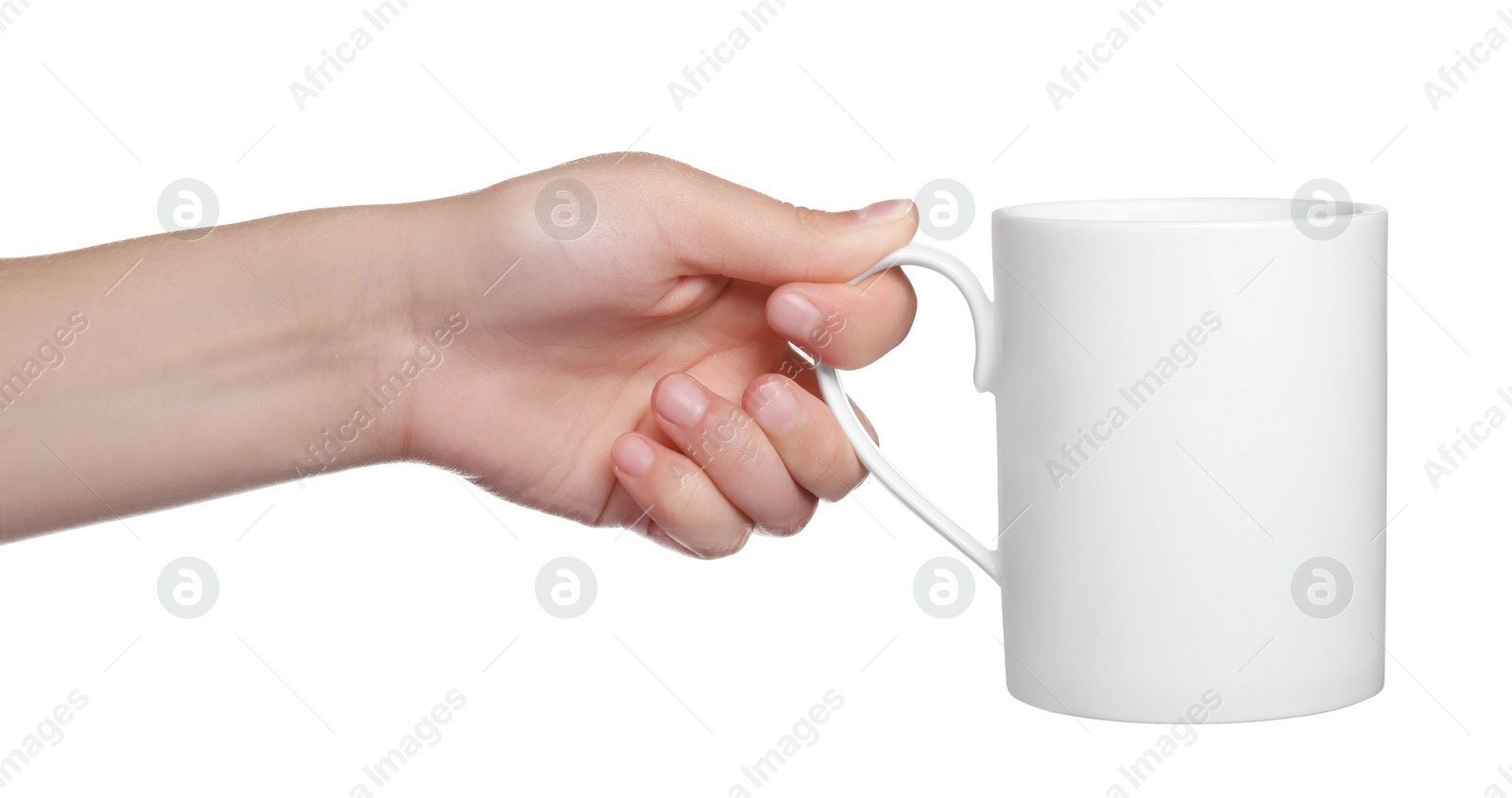 Photo of Woman holding mug on white background, closeup