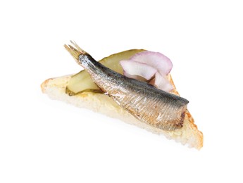 Photo of Delicious sandwich with sprat, slice of pickled cucumber, and onion isolated on white