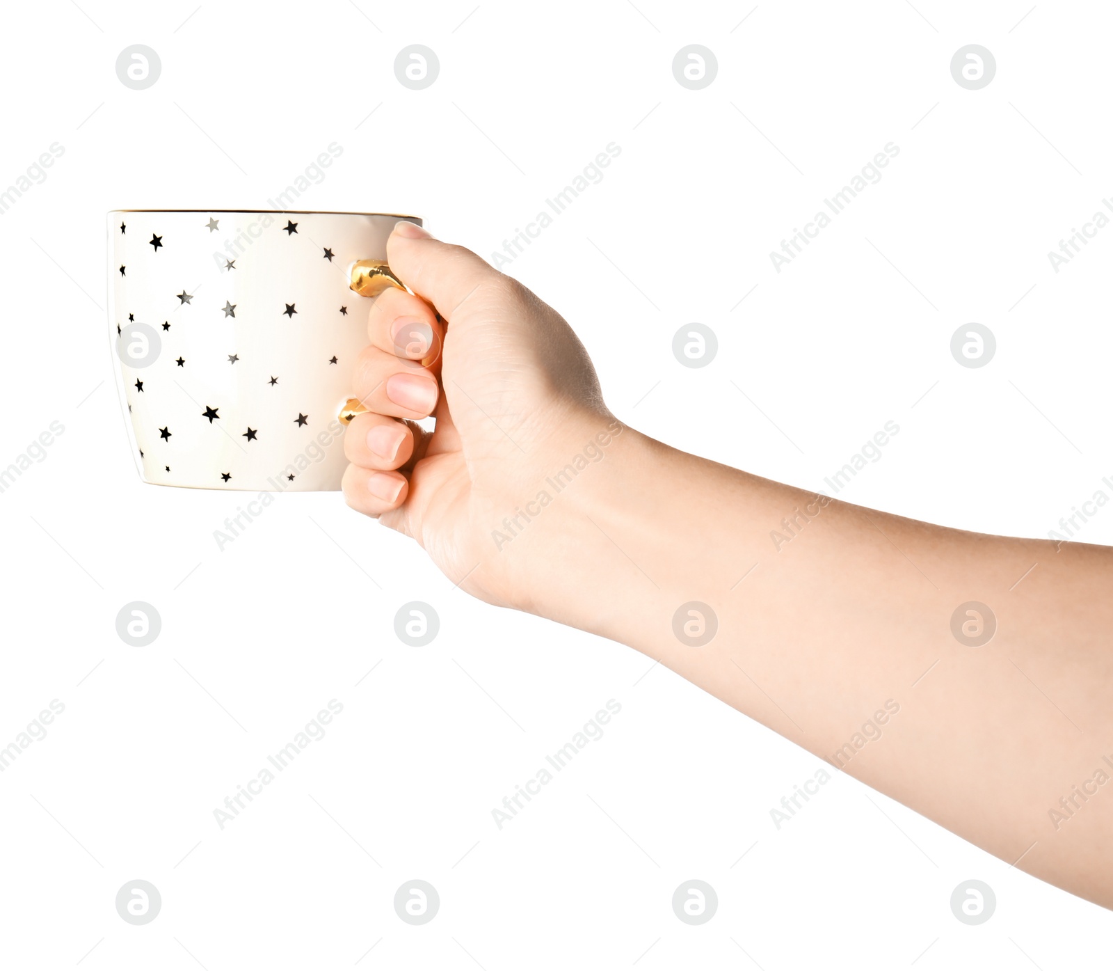 Photo of Woman holding cup with small stars on white background, closeup