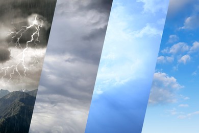 Photos of sky during different weather, collage. Meteorology, forecast, climate change