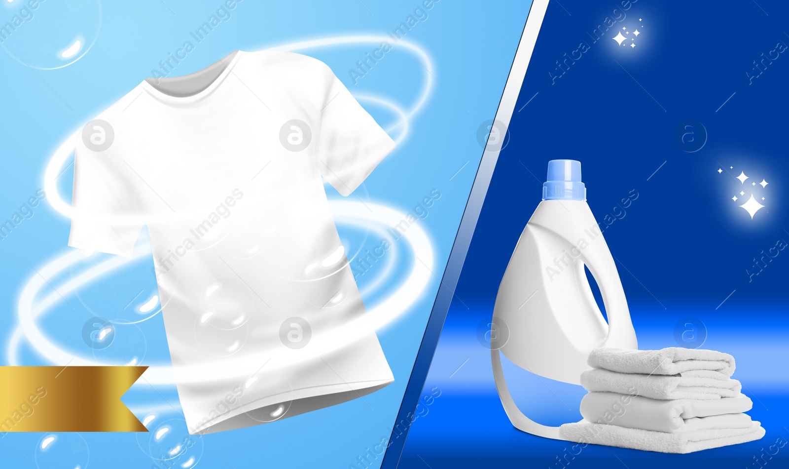 Image of Fabric softener advertising design. White t-shirt, bottle of conditioner and soft clean towels on blue background