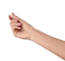 Woman holding something on white background, closeup of hand