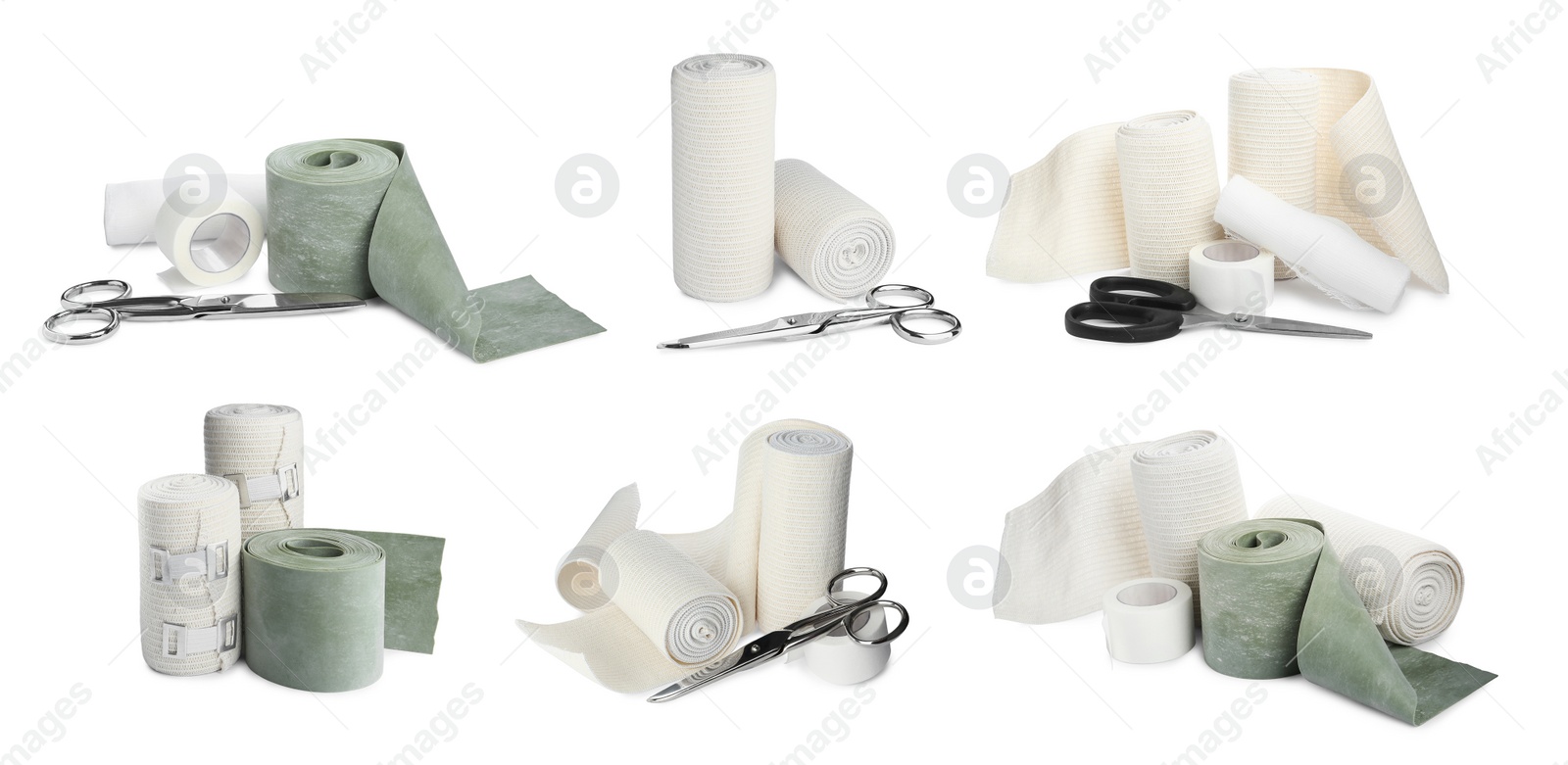 Image of Set with different elastic bandages on white background