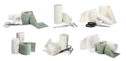 Set with different elastic bandages on white background