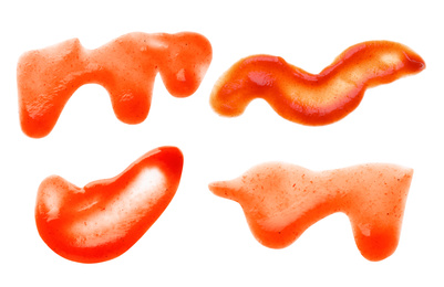 Image of Set of tasty tomato sauce on white background