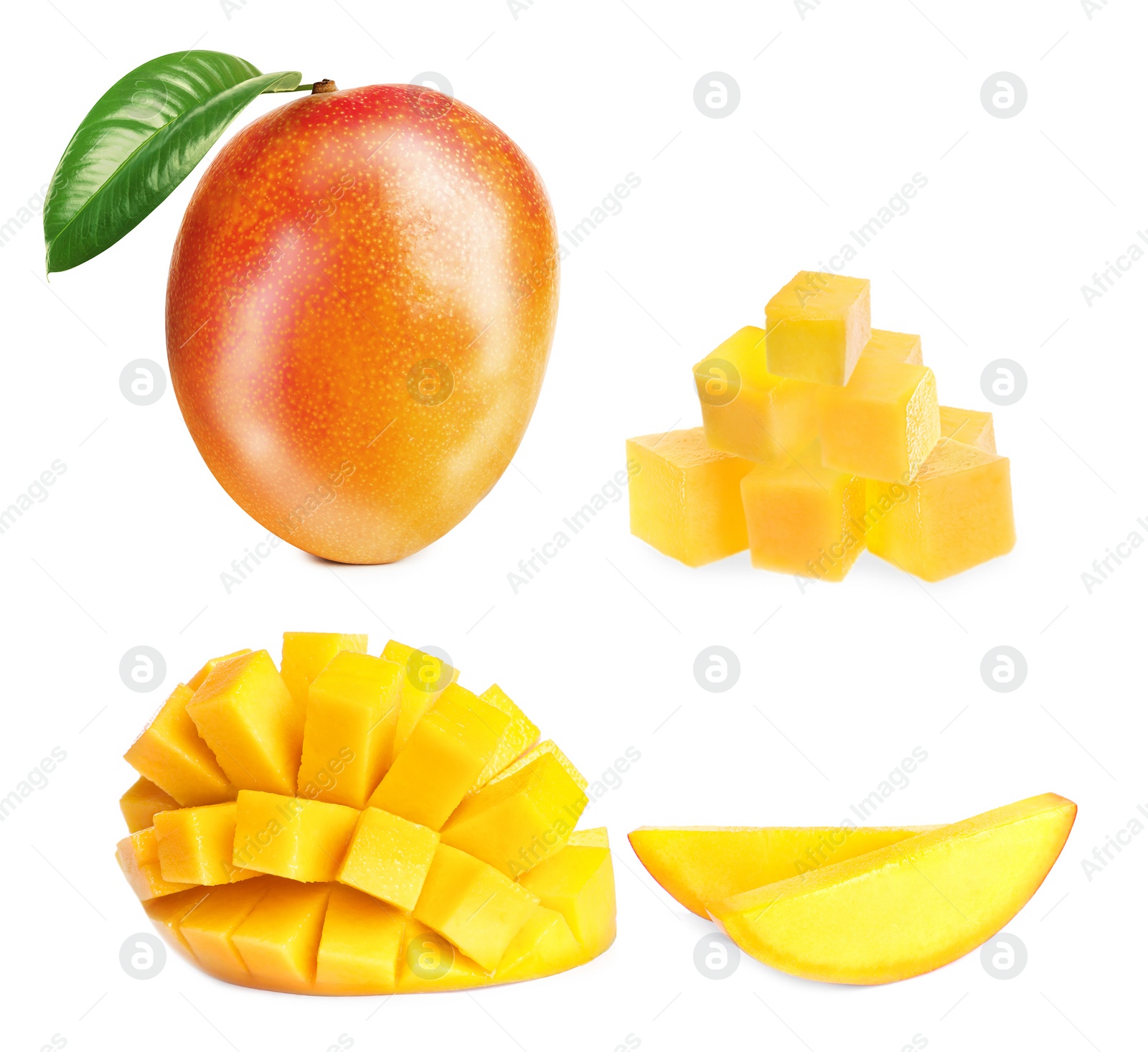 Image of Set with delicious ripe mangos on white background