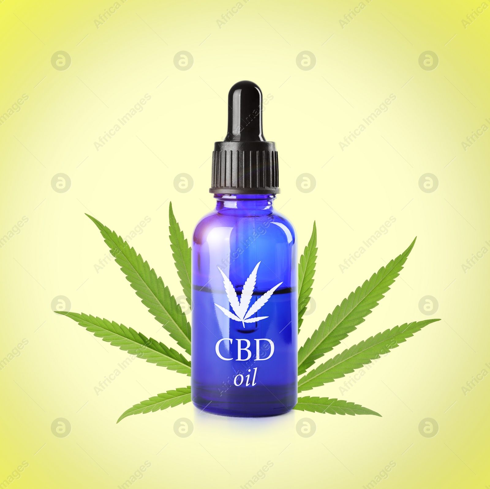 Image of Bottle of cannabidiol tincture and hemp leaf on color background