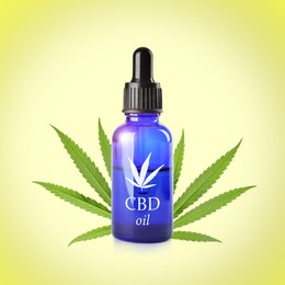 Bottle of cannabidiol tincture and hemp leaf on color background