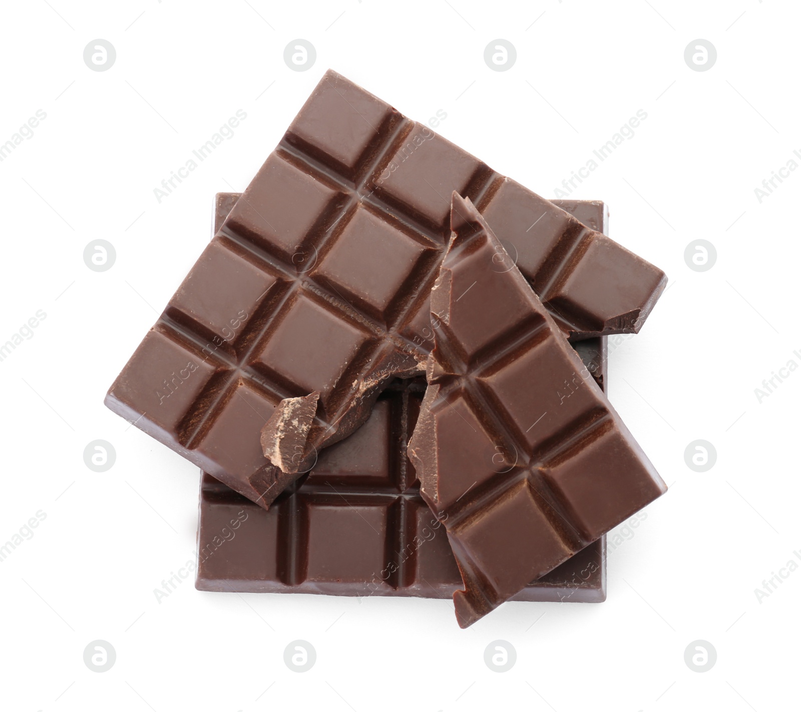 Photo of Delicious black chocolate on white background, top view