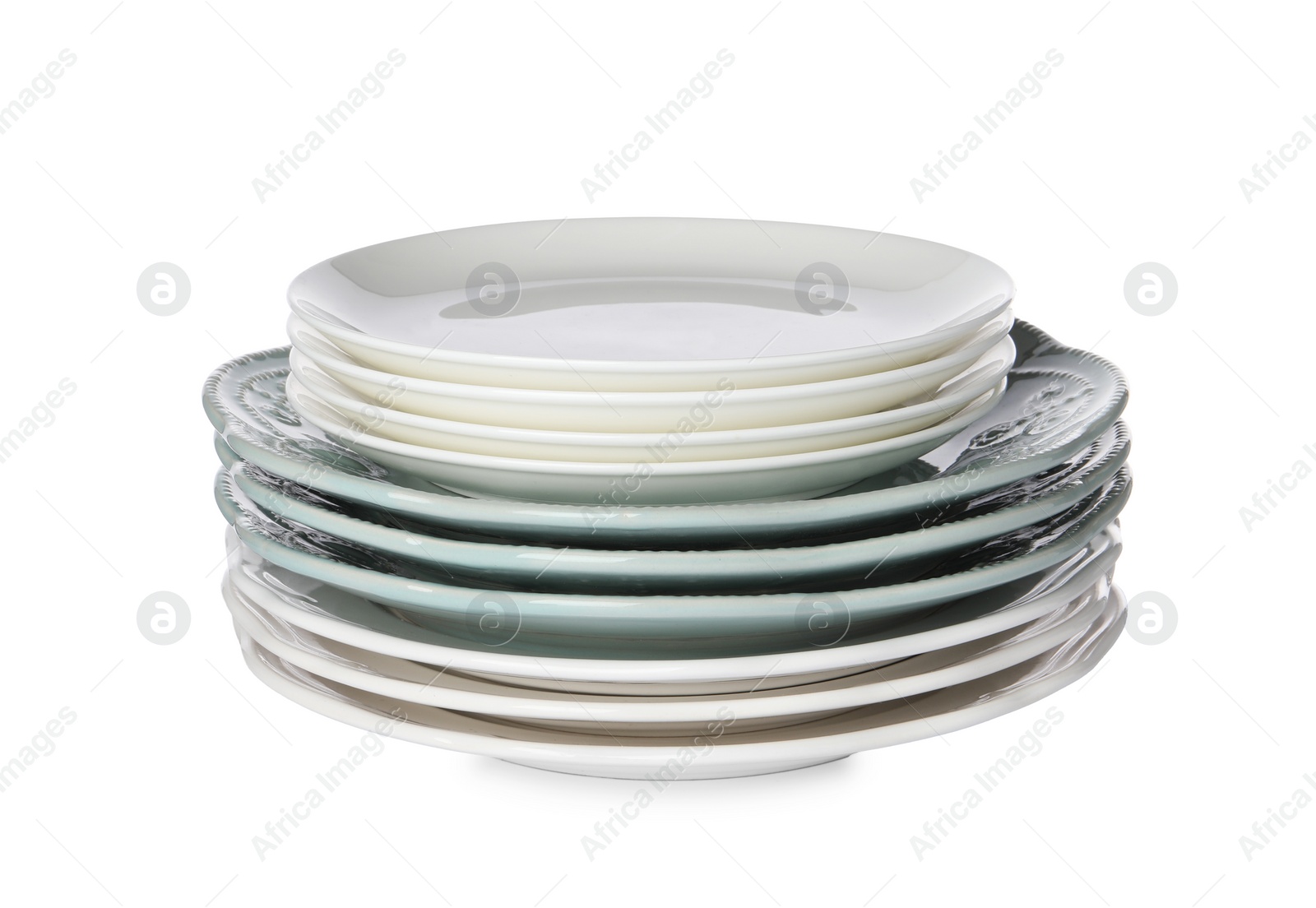 Photo of Stack of beautiful ceramic plates isolated on white