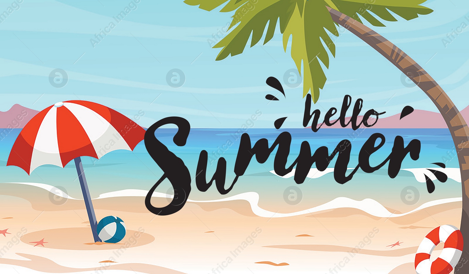 Illustration of Hello summer.  tropical beach umbrella, ball and palm near sea. Banner design