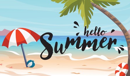 Hello summer. Illustration of tropical beach umbrella, ball and palm near sea. Banner design