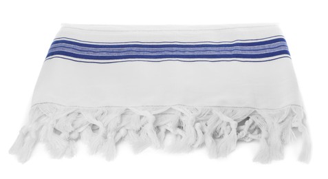 Photo of Tallit isolated on white. Garment for Rosh Hashanah celebration