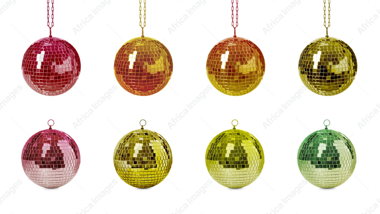 Image of Set with colorful shiny disco balls on white background. Banner design