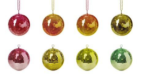 Image of Set with colorful shiny disco balls on white background. Banner design