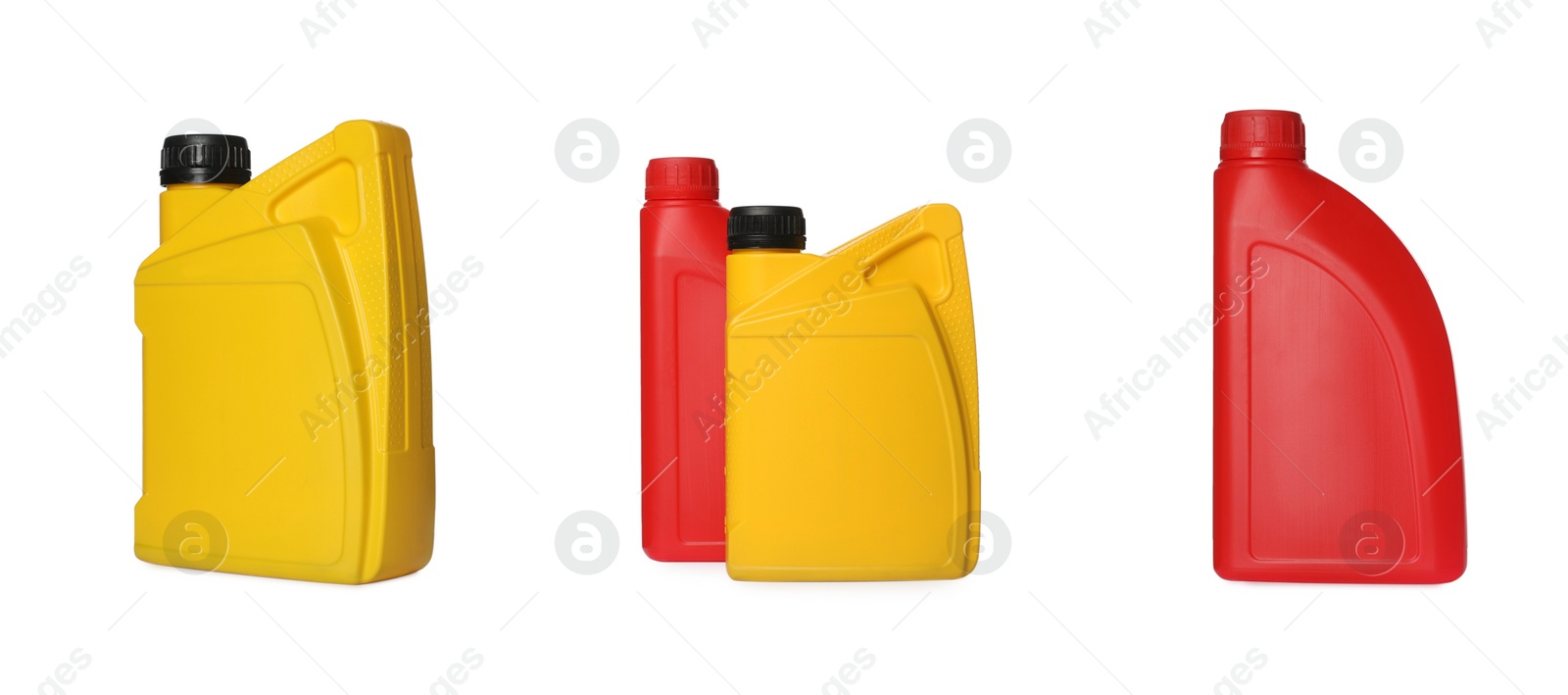 Image of Colorful containers with different motor oil on white background, collage design