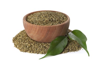 Photo of Wooden bowl with aromatic mate tea on white background