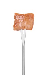 Photo of Fondue fork with piece of fried meat isolated on white