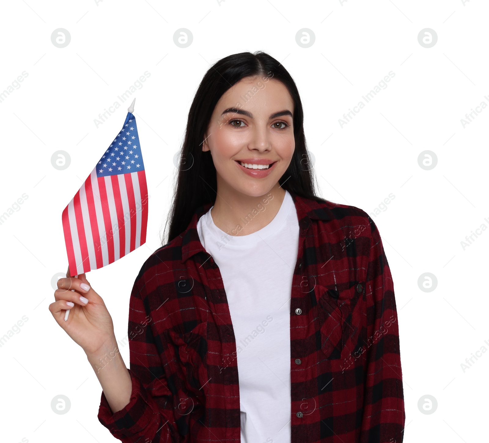 Image of 4th of July - Independence day of America. Happy young woman holding national flag of United States on white background