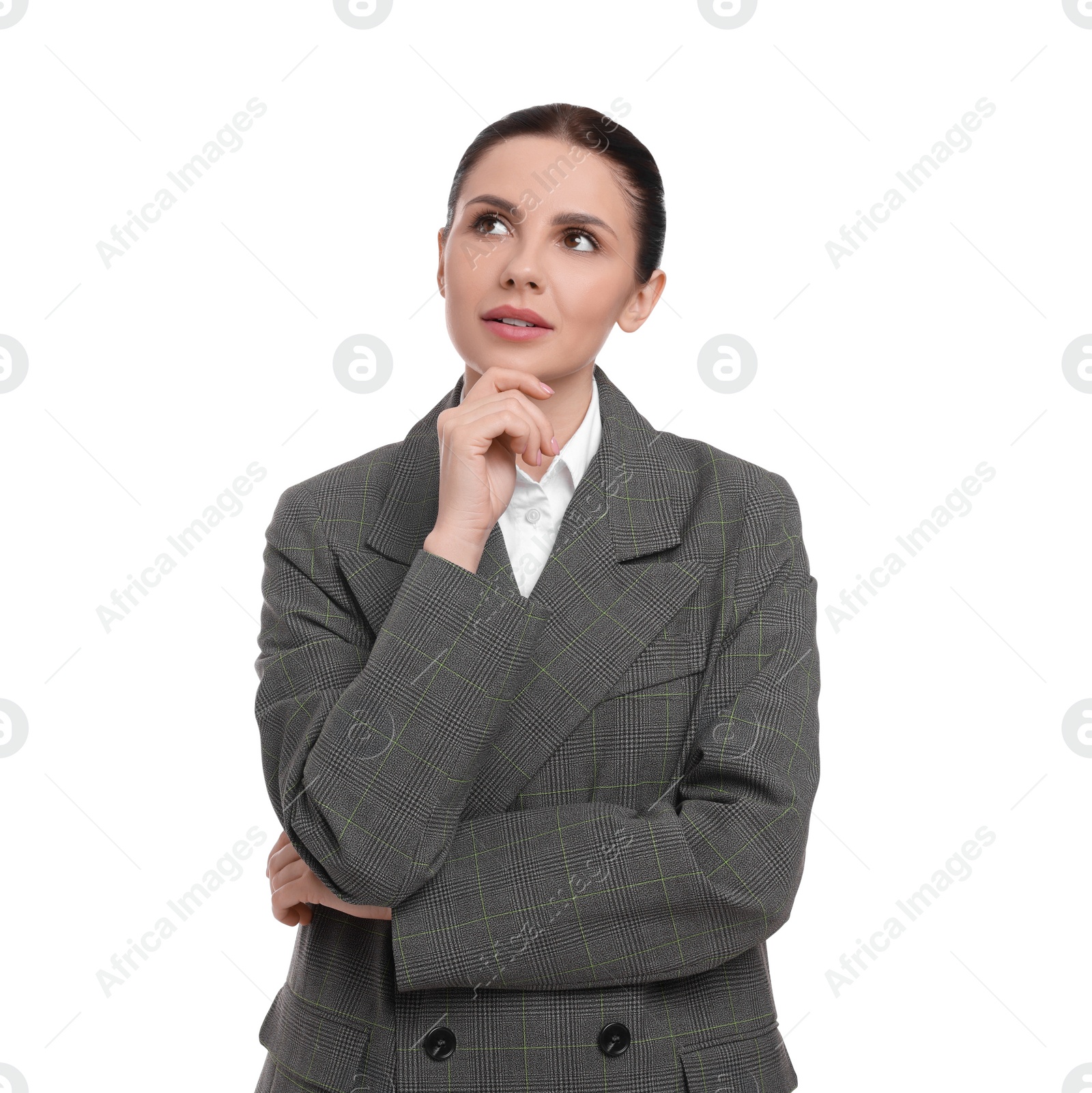 Photo of Beautiful young businesswoman in suit on white background