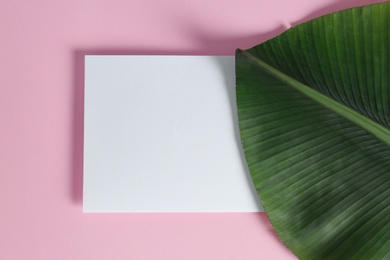 Photo of Flat lay composition with green banana leaf and space for text on color background. Tropical foliage