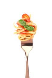 Fork with tasty pasta, tomato sauce and basil isolated on white, top view