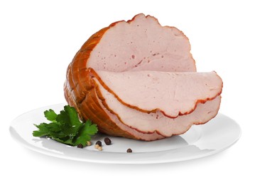 Photo of Delicious sliced ham with parsley and peppercorns isolated on white