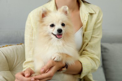 Woman with cute dog on sofa in living room, closeup