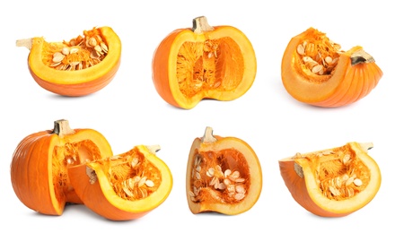 Image of Set of fresh orange pumpkins on white background
