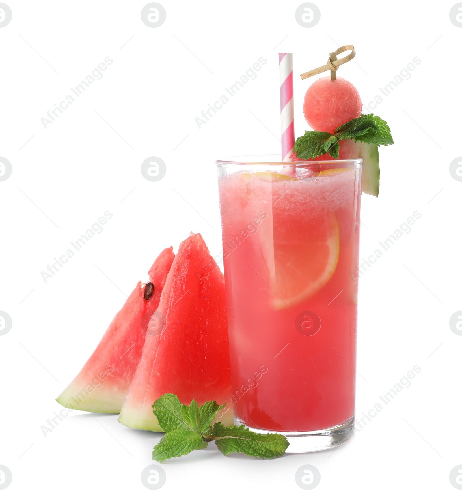 Photo of Delicious fresh watermelon drink with fresh fruits on white background