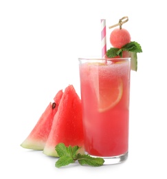 Photo of Delicious fresh watermelon drink with fresh fruits on white background