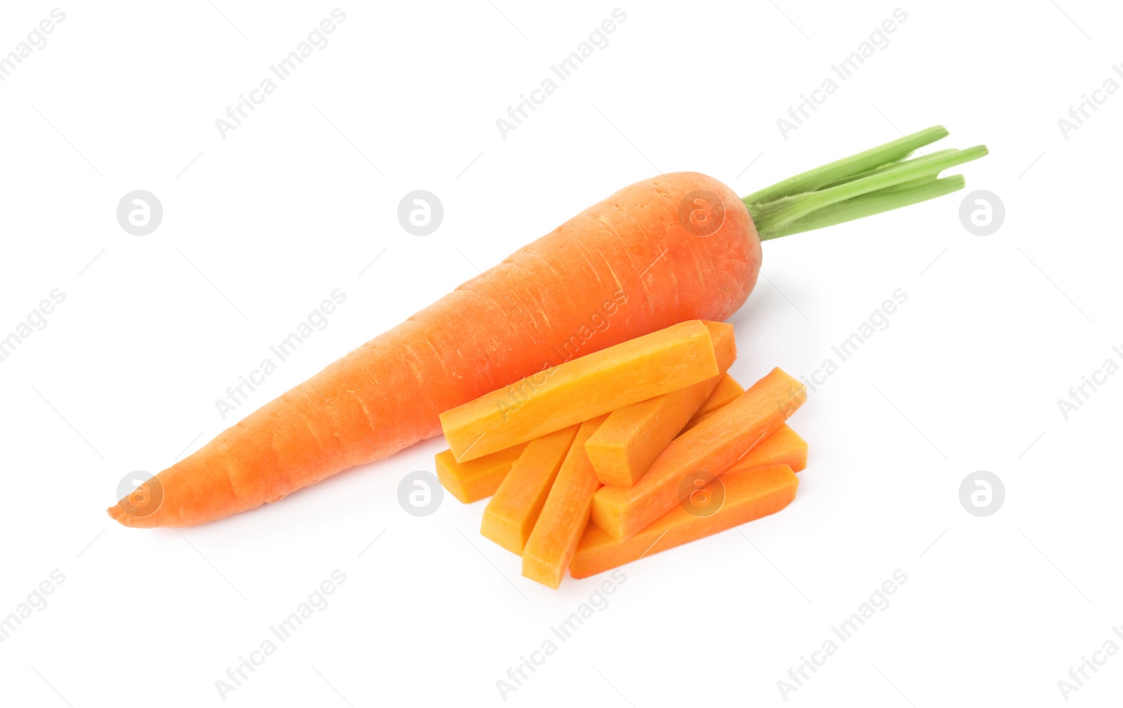 Photo of Whole and cut ripe carrots isolated on white