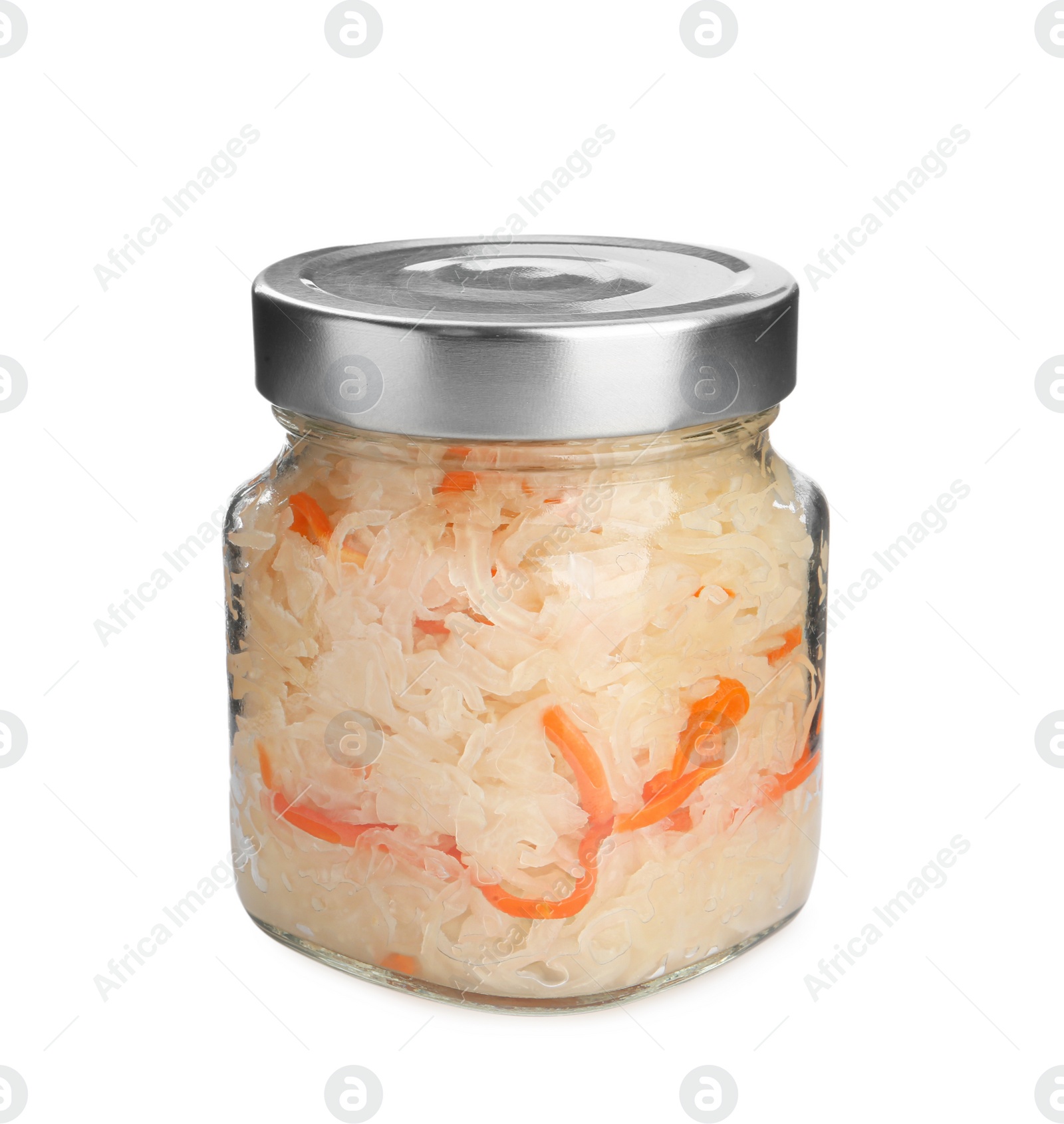 Photo of Glass jar of tasty fermented cabbage with carrot on white background