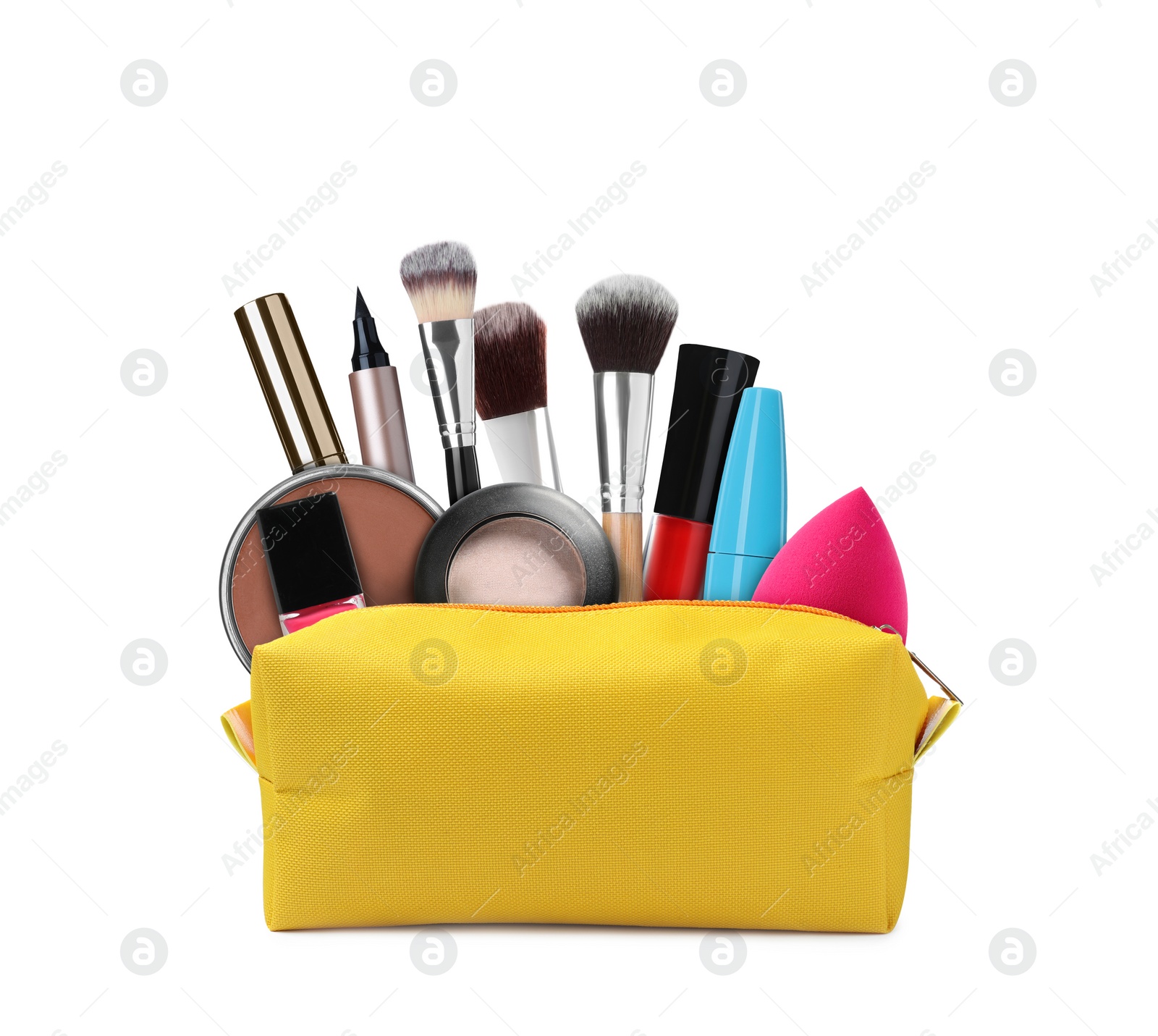 Image of Cosmetic bag filled with makeup products on white background