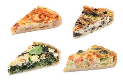 Image of Pieces of different quiches isolated on white, set