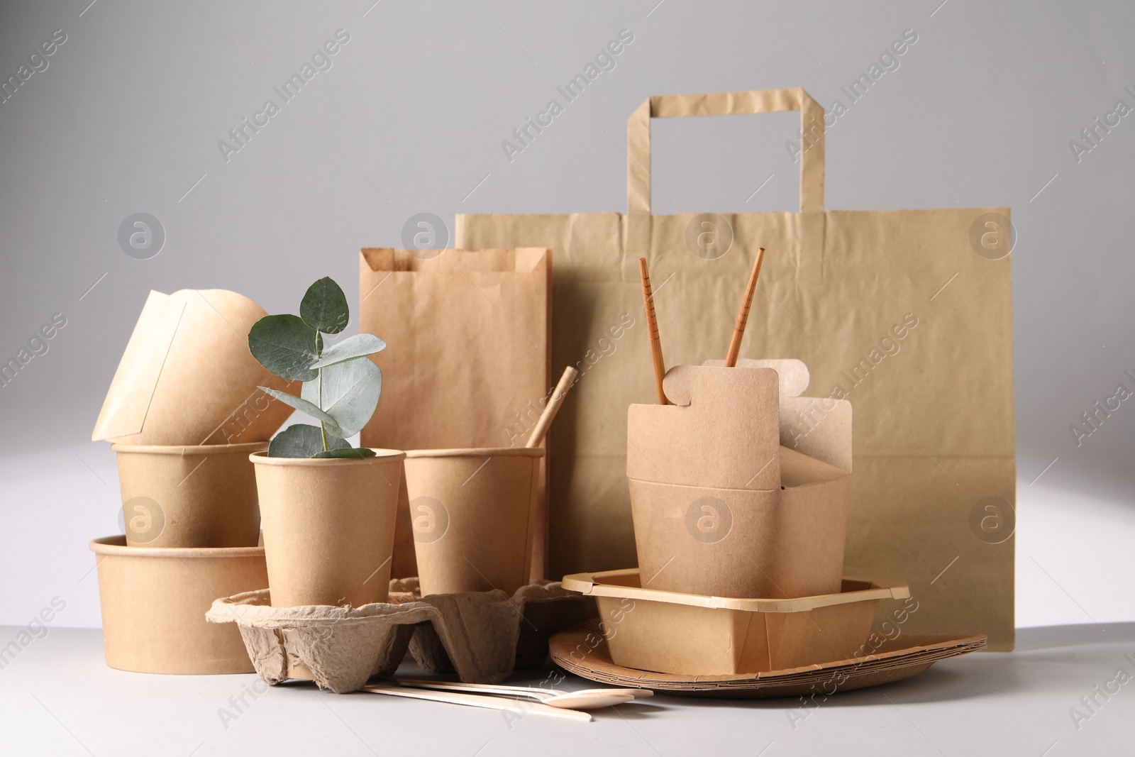 Photo of Eco friendly food packaging. Paper containers, tableware, bag and eucalyptus branch on light background