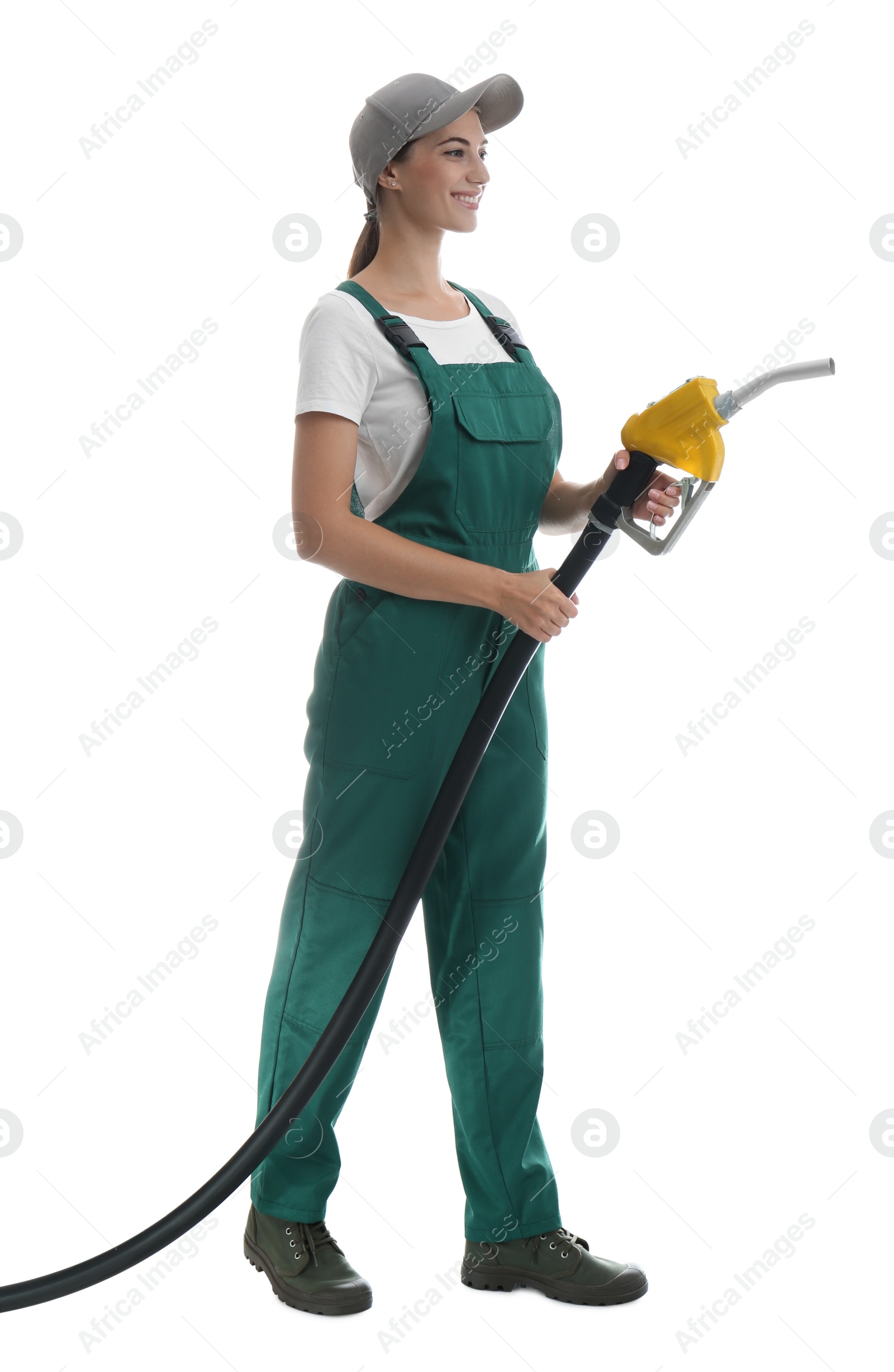 Photo of Gas station worker with fuel nozzle on white background