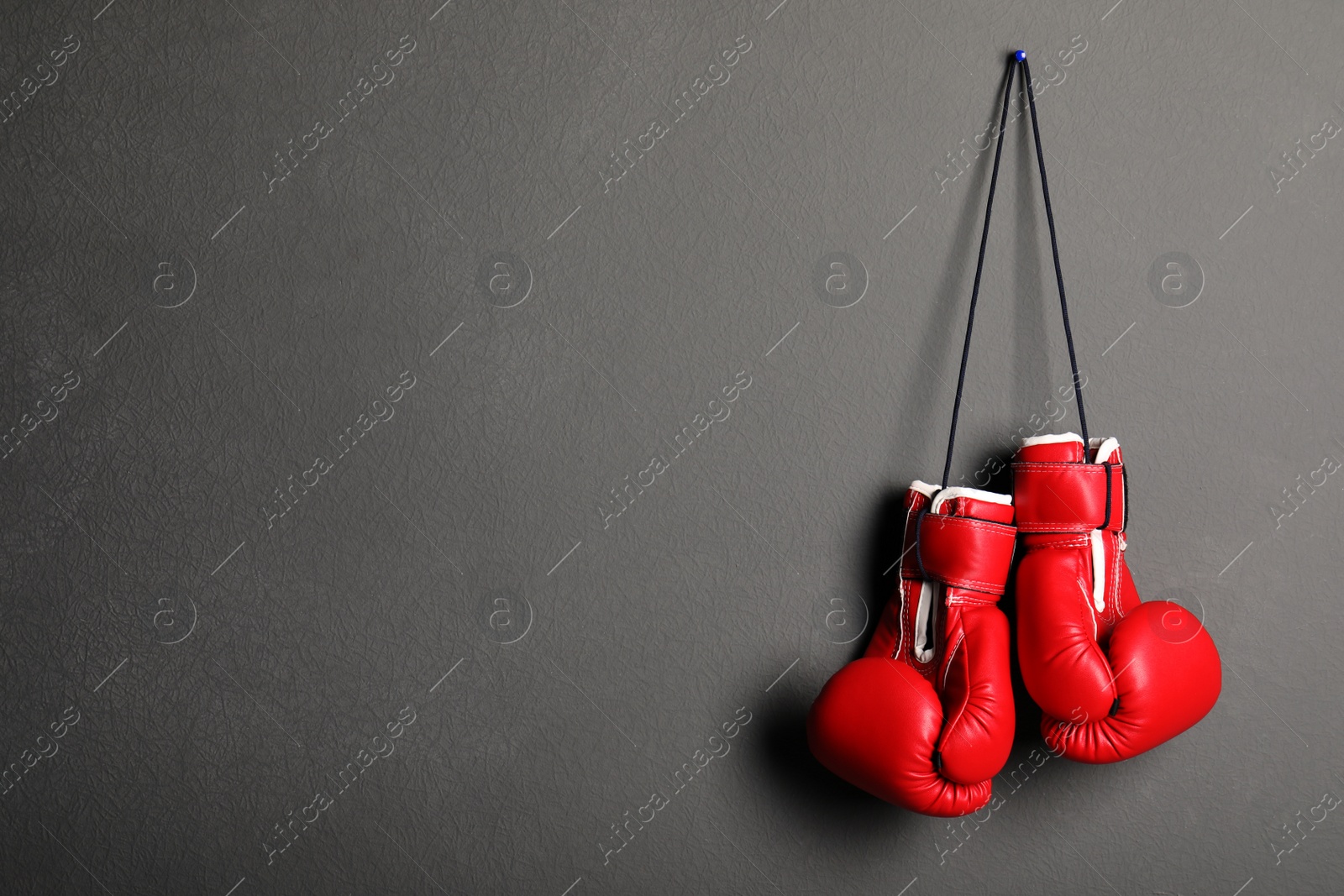 Photo of Pair of boxing gloves on grey background, space for text