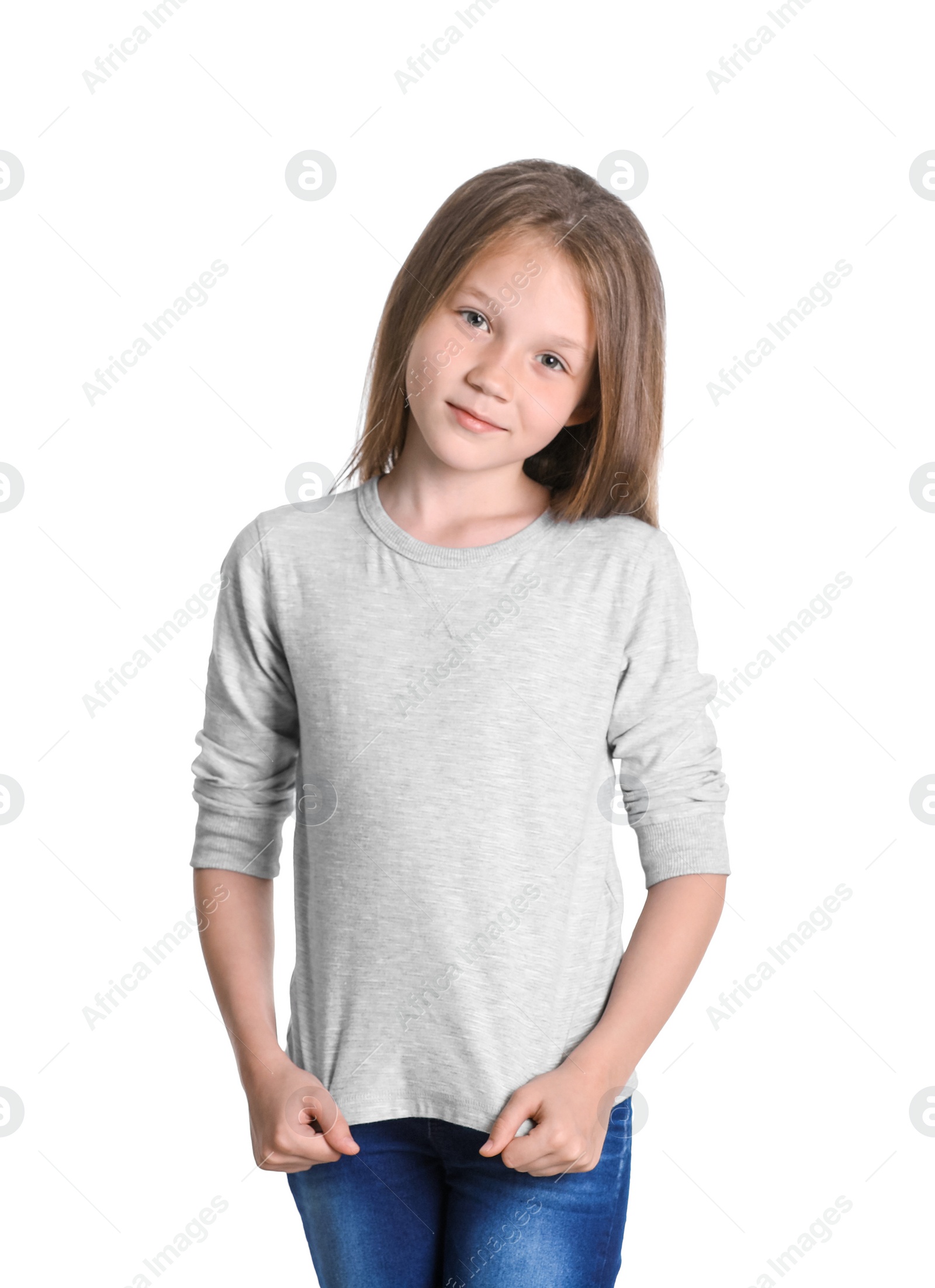 Photo of Little girl in long sleeve t-shirt on white background. Mockup for design