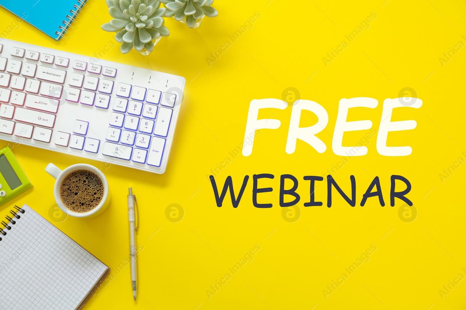 Image of FREE WEBINAR. Flat lay composition with computer keyboard and stationery on yellow background, flat lay