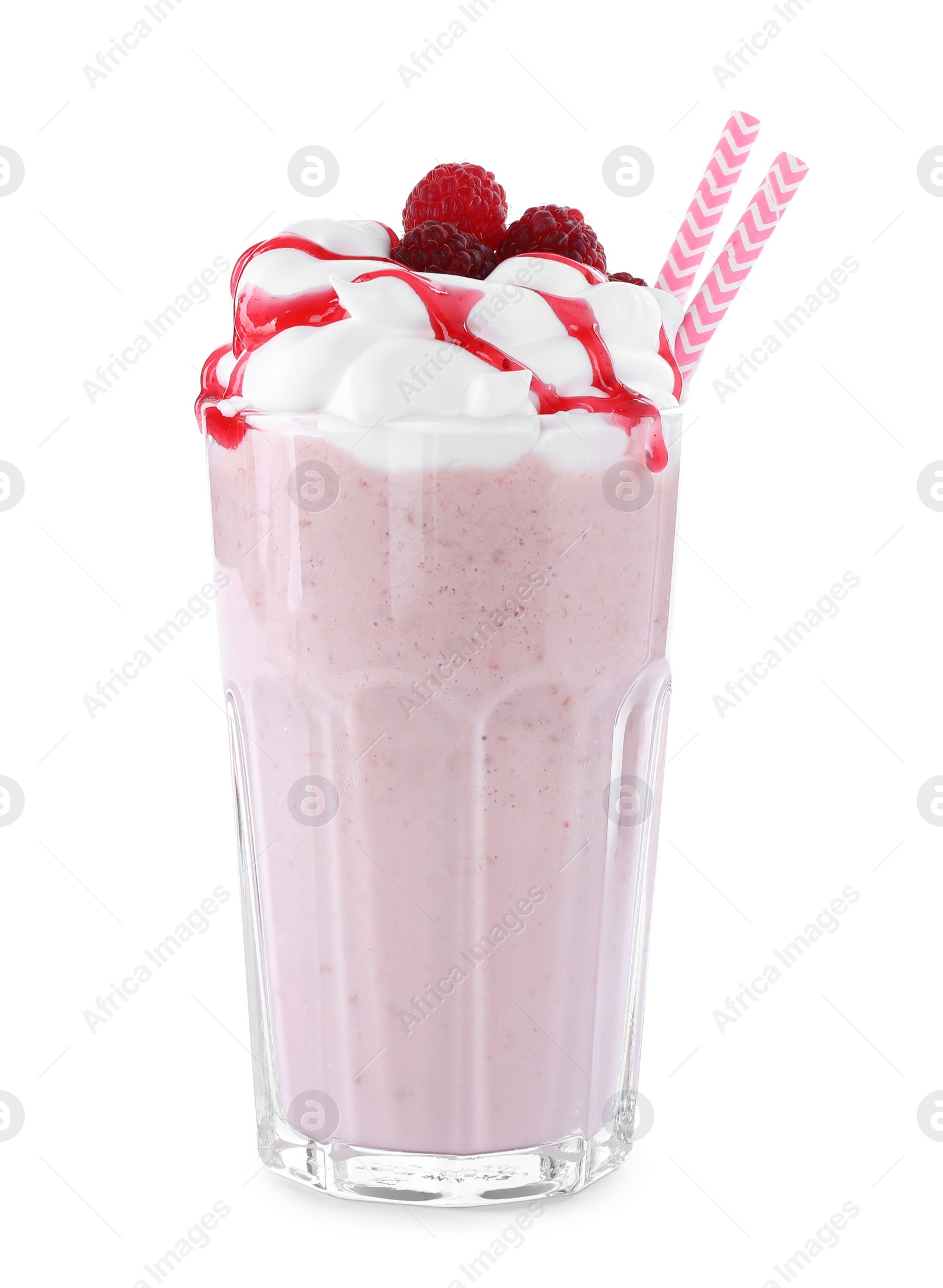 Photo of Tasty raspberry milk shake in glass on white background