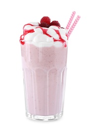 Photo of Tasty raspberry milk shake in glass on white background