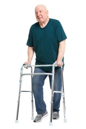 Photo of Elderly man with walking frame on white background. Medical help